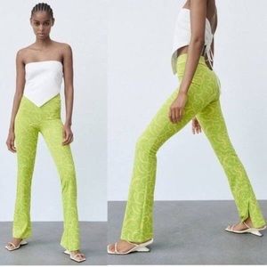 Zara Womens Sz M Green Yellow Printed Retro Y2K Stretch Jacquard Flare Pants Nwt